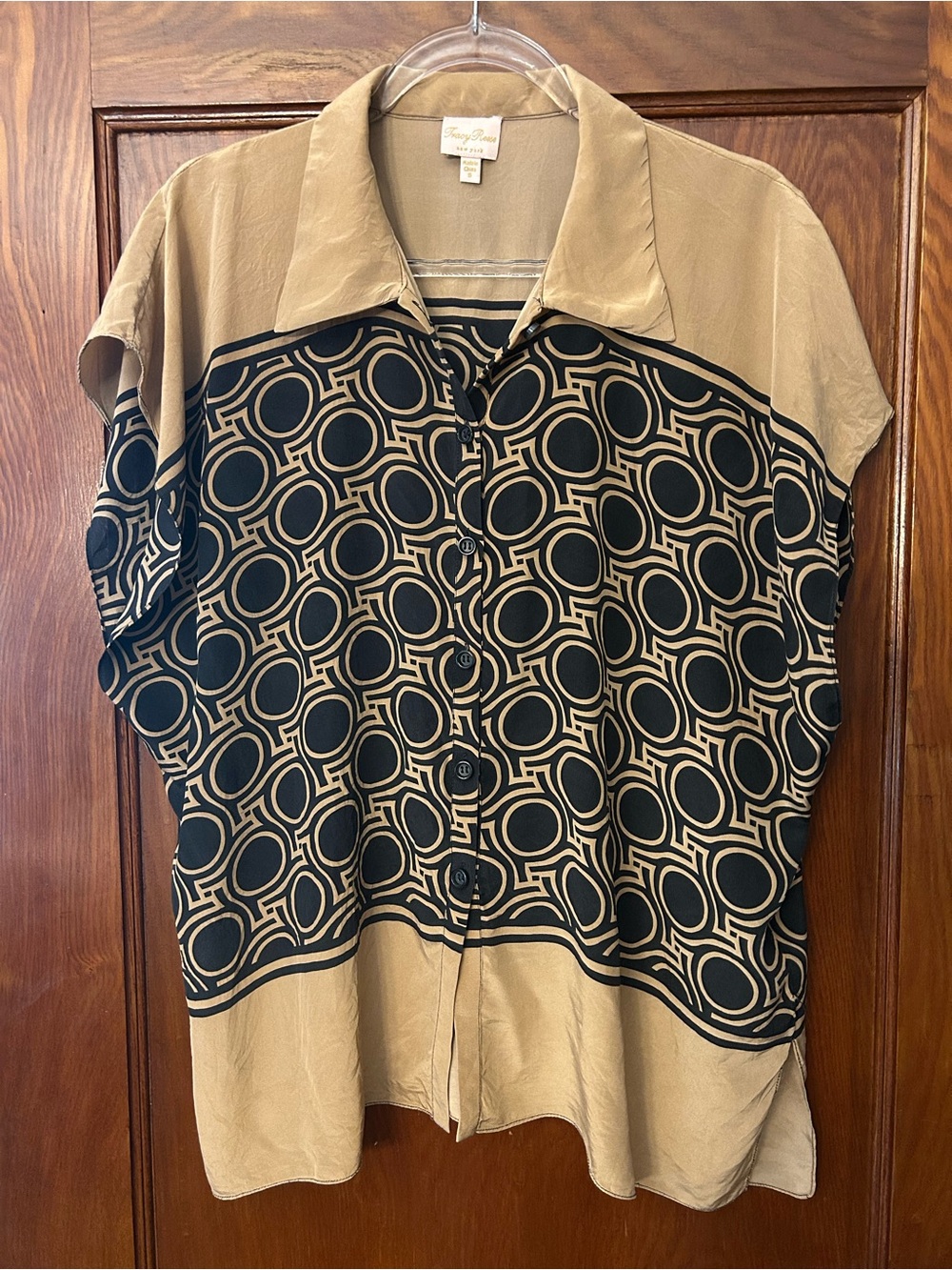 Tracy Reese Silk Retro Geometric Print Cap Sleeve Blouse Top Tan Black Size S
